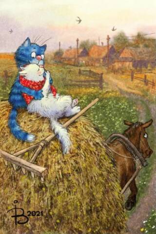 A postcard. Blue cats. Seno