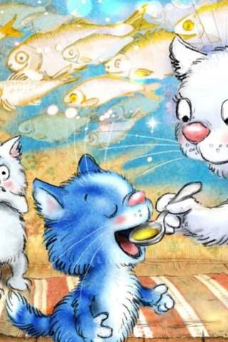 Postcard. Blue cats. Fish oil.