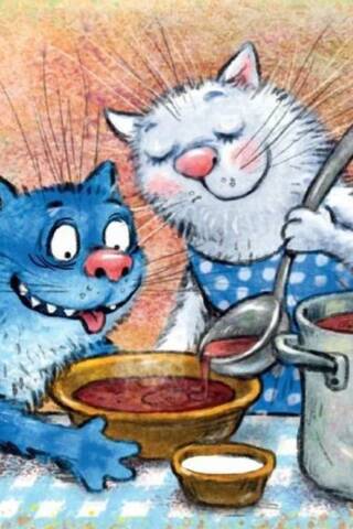 Postcard. Blue Cats. First Course