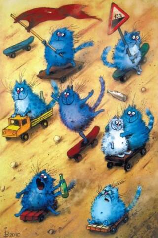 Postcard. Blue cats. Downhill