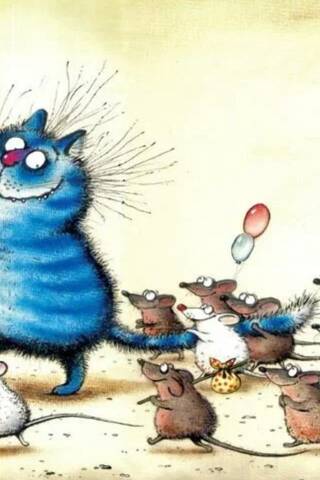Postcard. Blue cats. Trainer.