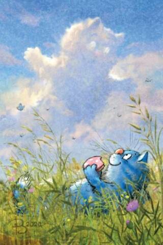 Postcard. Blue cats. Clouds.
