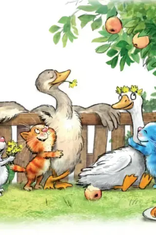 Postcard. Blue cats. Two happy geese.