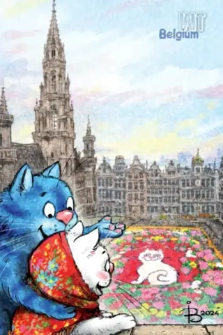 Postcard. Blue cats. Cats travel. Belgium.
