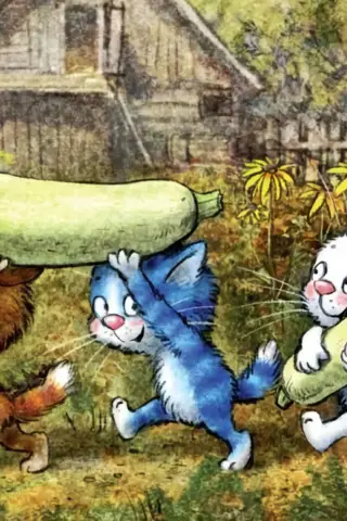 Postcard. Blue Cats. Zucchini Theft.